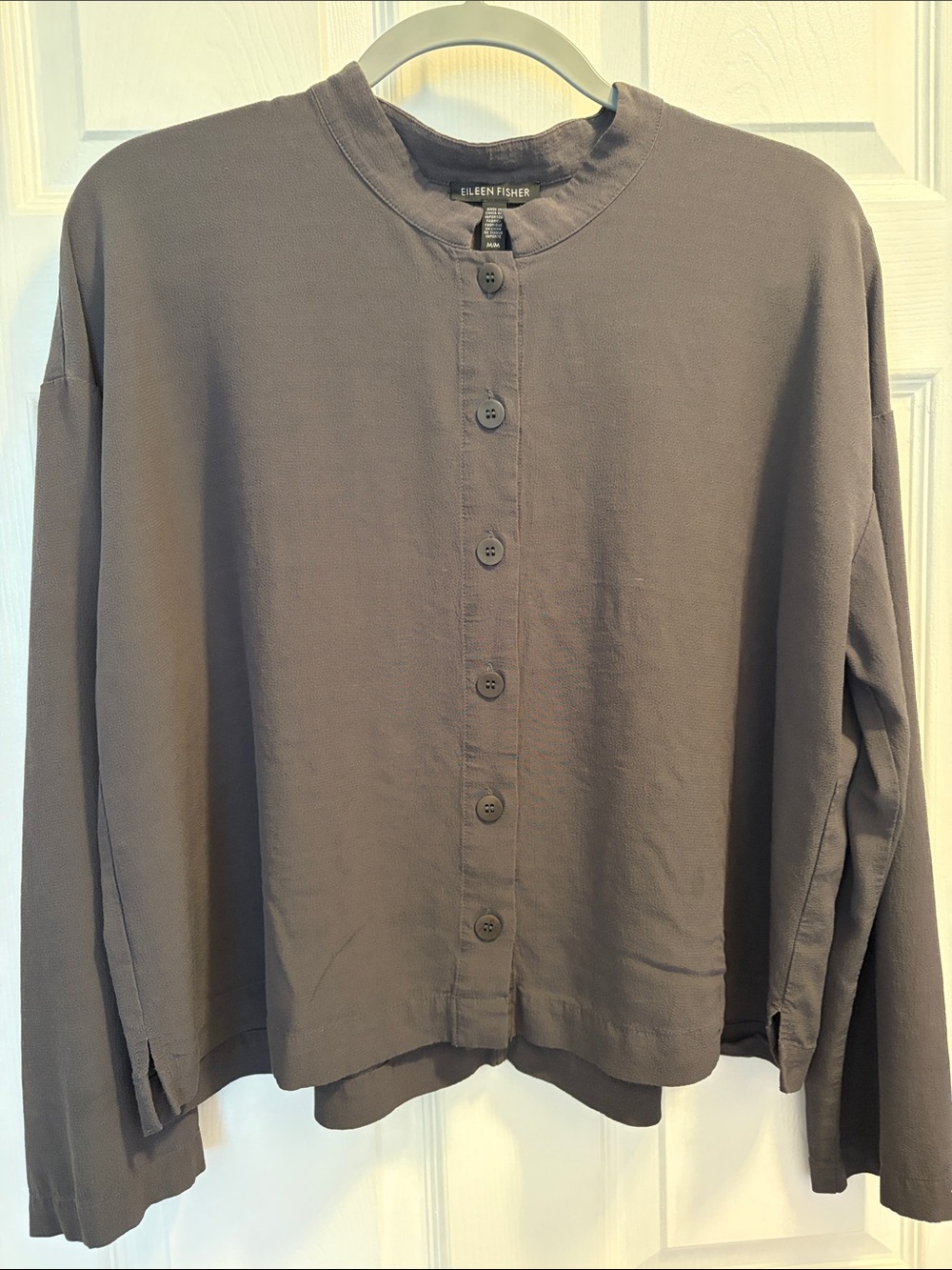 Eileen Fisher Button-Front Collarless Shirt Jacket in Slate